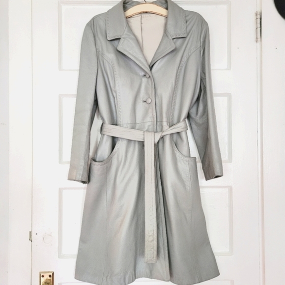 Vintage Grey Leather Belted Trench Coat 24K by Dan di Modes - Picture 2 of 16